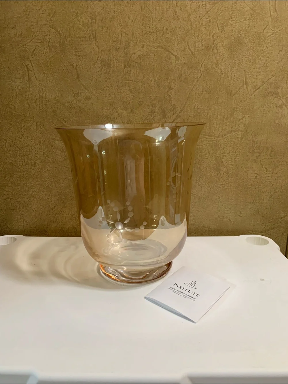 PartyLite Golden Luster Hurricane Candle Holder Vase Hand Blown Glass P8632 NIB